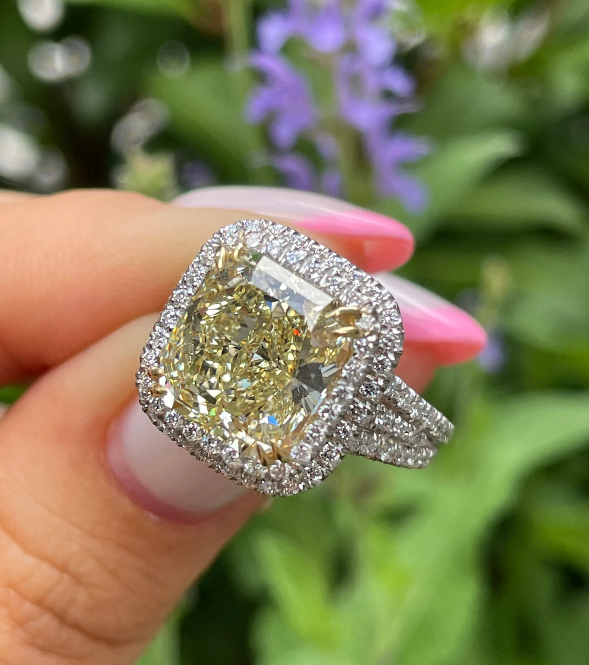 Estate “Canary” 6.03ctw Natural Fancy YELLOW Radiant Cut Diamond Halo Pave 18K Ring