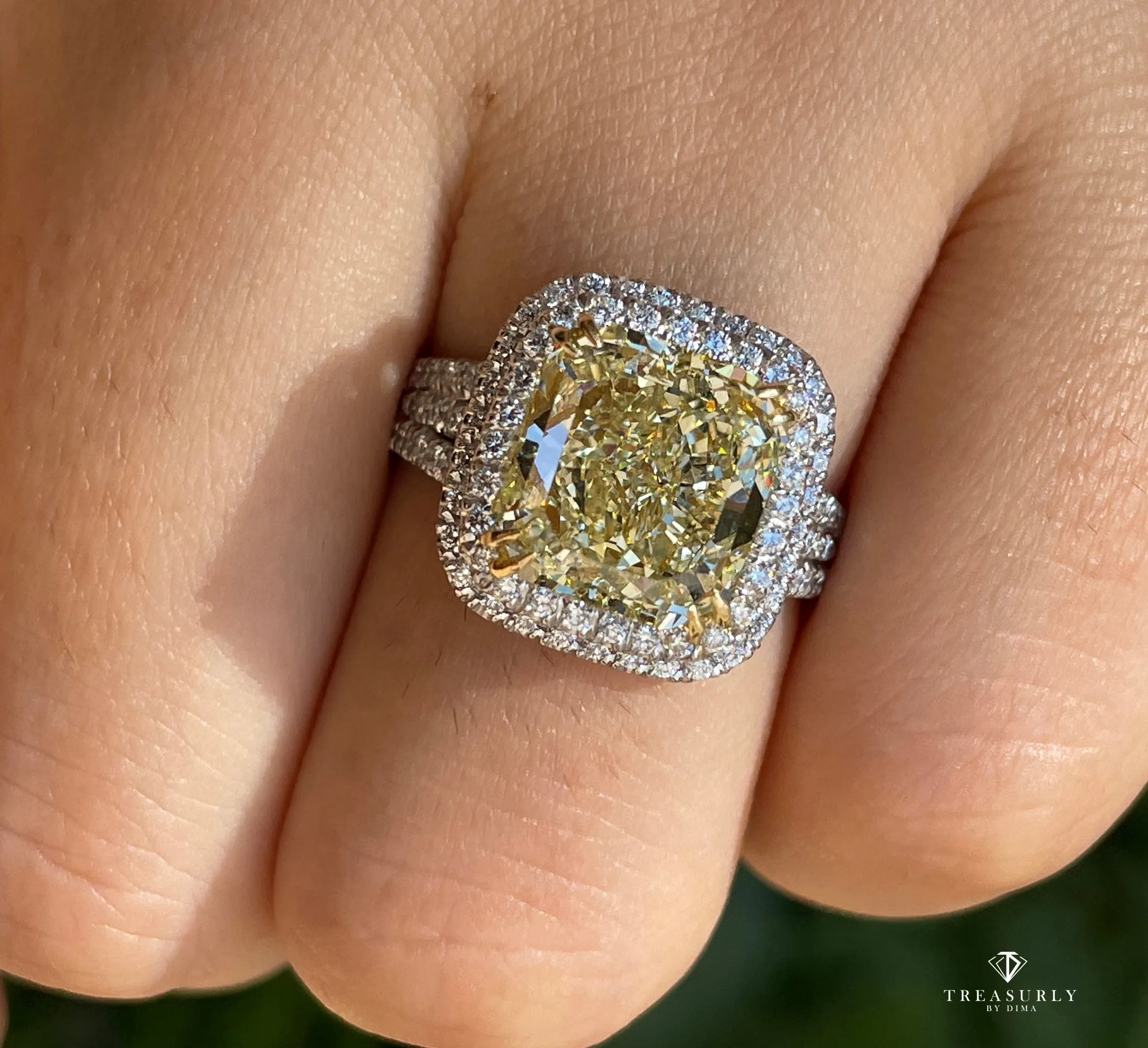 Estate “Canary” 6.03ctw Natural Fancy YELLOW Radiant Cut Diamond Halo Pave 18K Ring