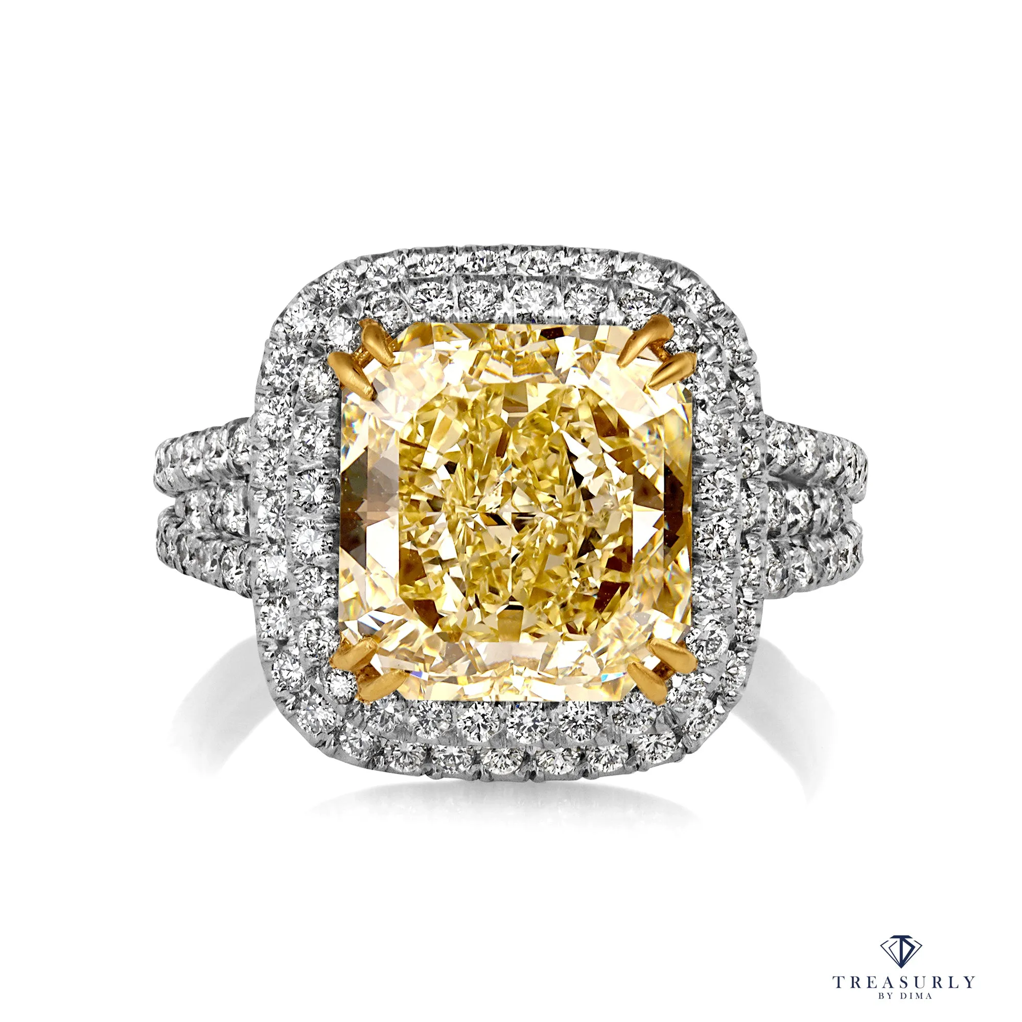 Estate “Canary” 6.03ctw Natural Fancy YELLOW Radiant Cut Diamond Halo Pave 18K Ring