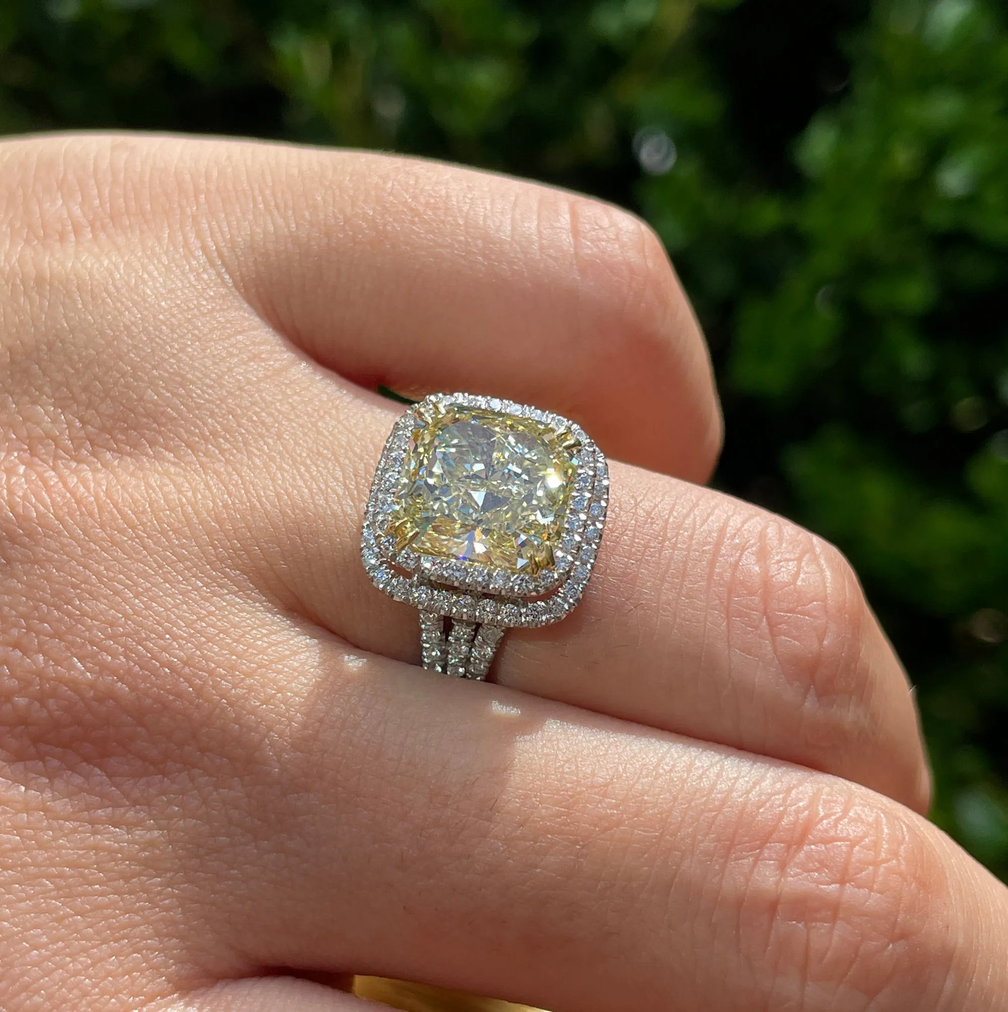 Estate “Canary” 6.03ctw Natural Fancy YELLOW Radiant Cut Diamond Halo Pave 18K Ring