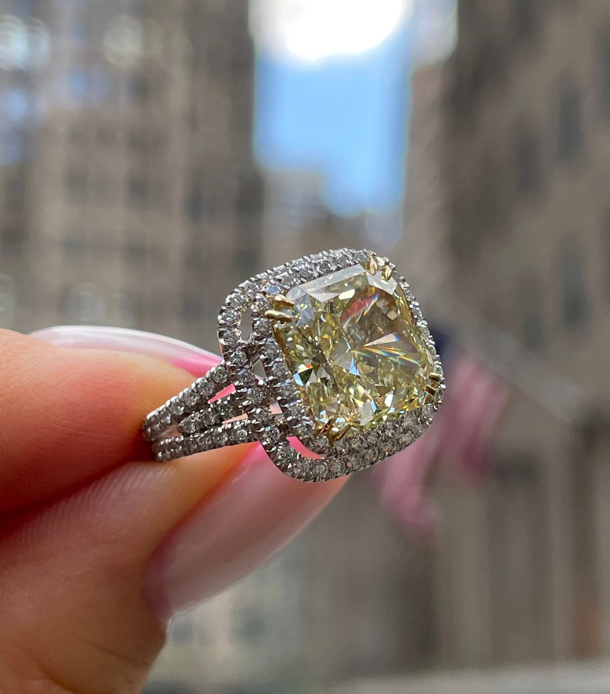 Estate “Canary” 6.03ctw Natural Fancy YELLOW Radiant Cut Diamond Halo Pave 18K Ring