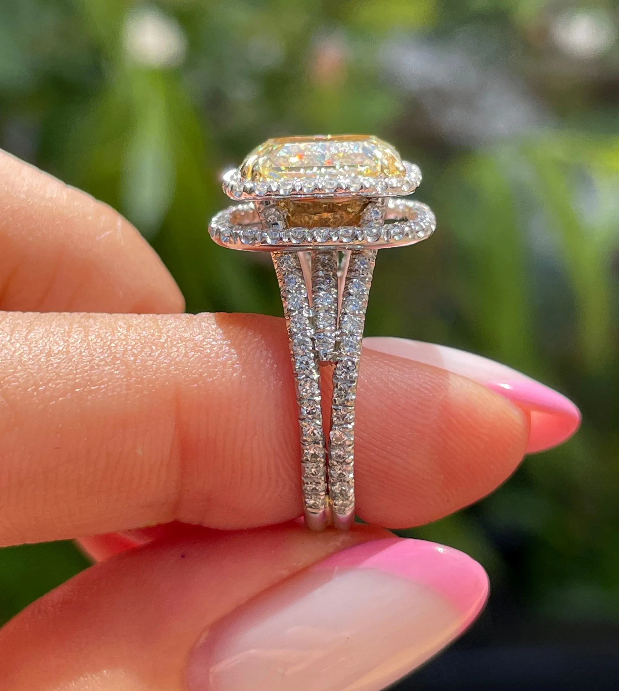 Estate “Canary” 6.03ctw Natural Fancy YELLOW Radiant Cut Diamond Halo Pave 18K Ring