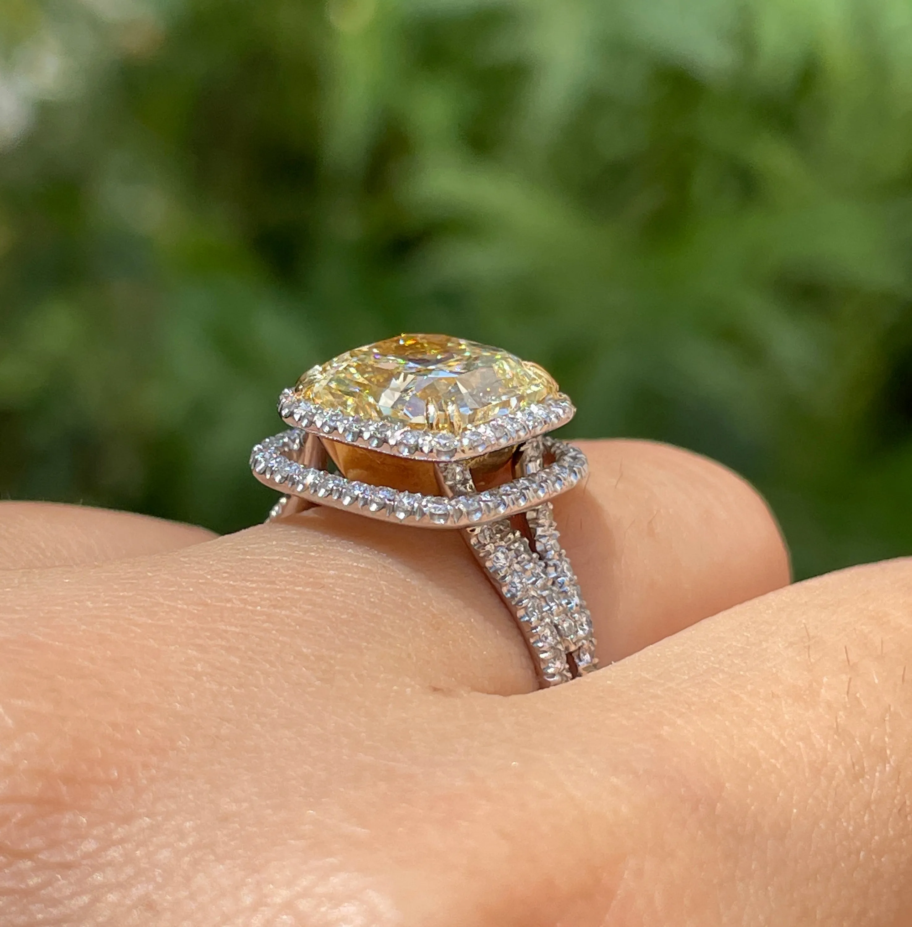 Estate “Canary” 6.03ctw Natural Fancy YELLOW Radiant Cut Diamond Halo Pave 18K Ring