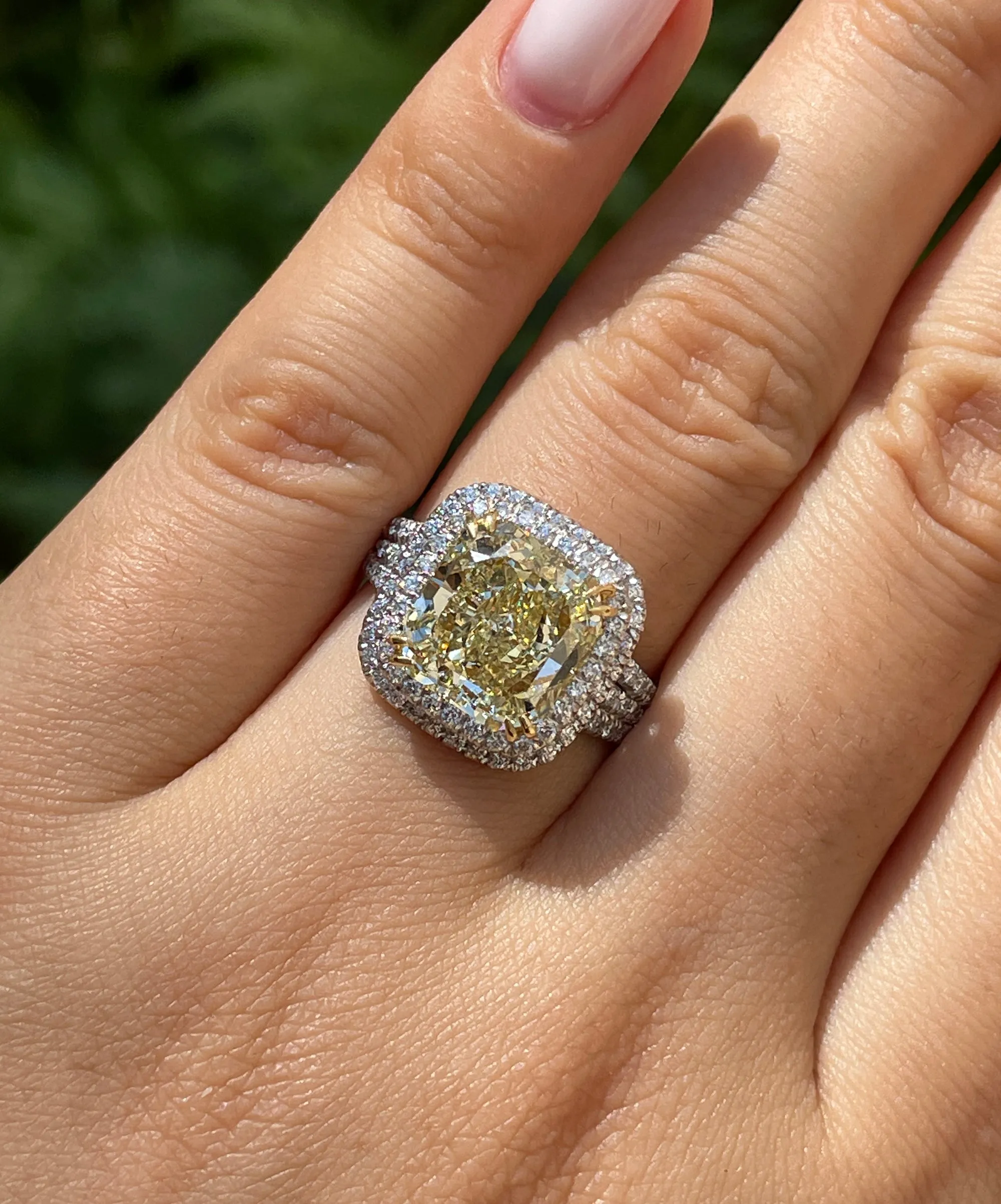 Estate “Canary” 6.03ctw Natural Fancy YELLOW Radiant Cut Diamond Halo Pave 18K Ring