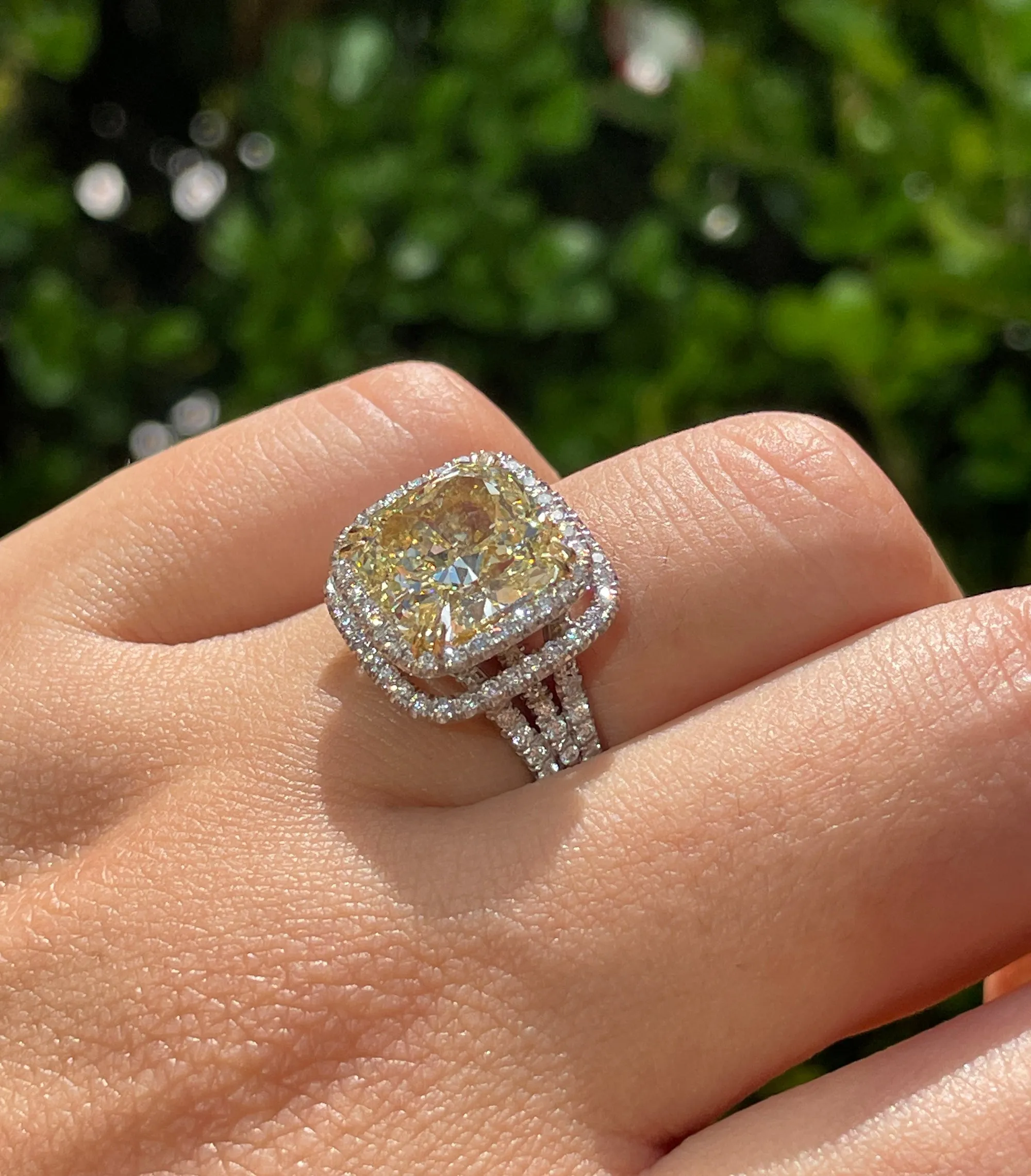 Estate “Canary” 6.03ctw Natural Fancy YELLOW Radiant Cut Diamond Halo Pave 18K Ring