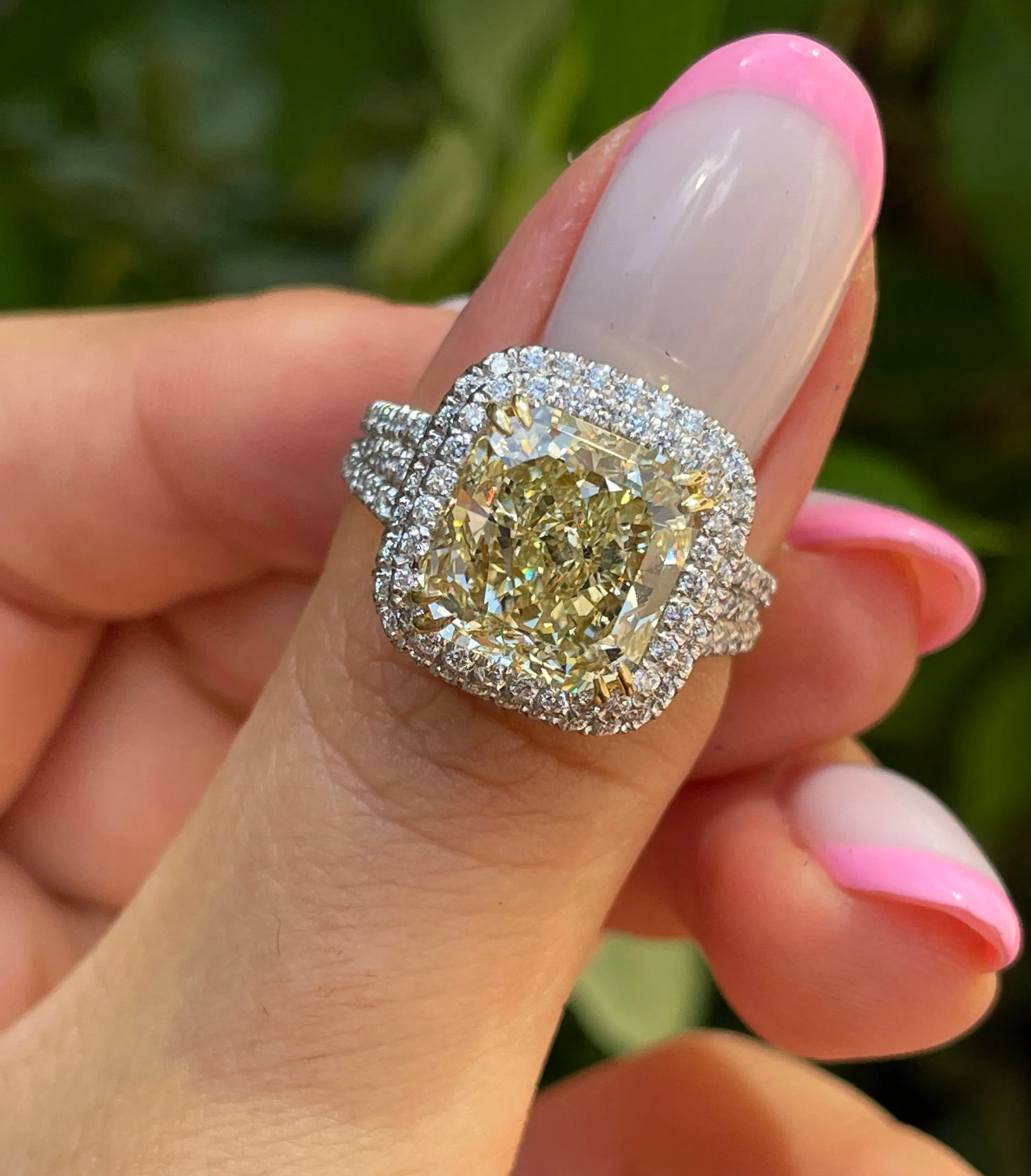 Estate “Canary” 6.03ctw Natural Fancy YELLOW Radiant Cut Diamond Halo Pave 18K Ring