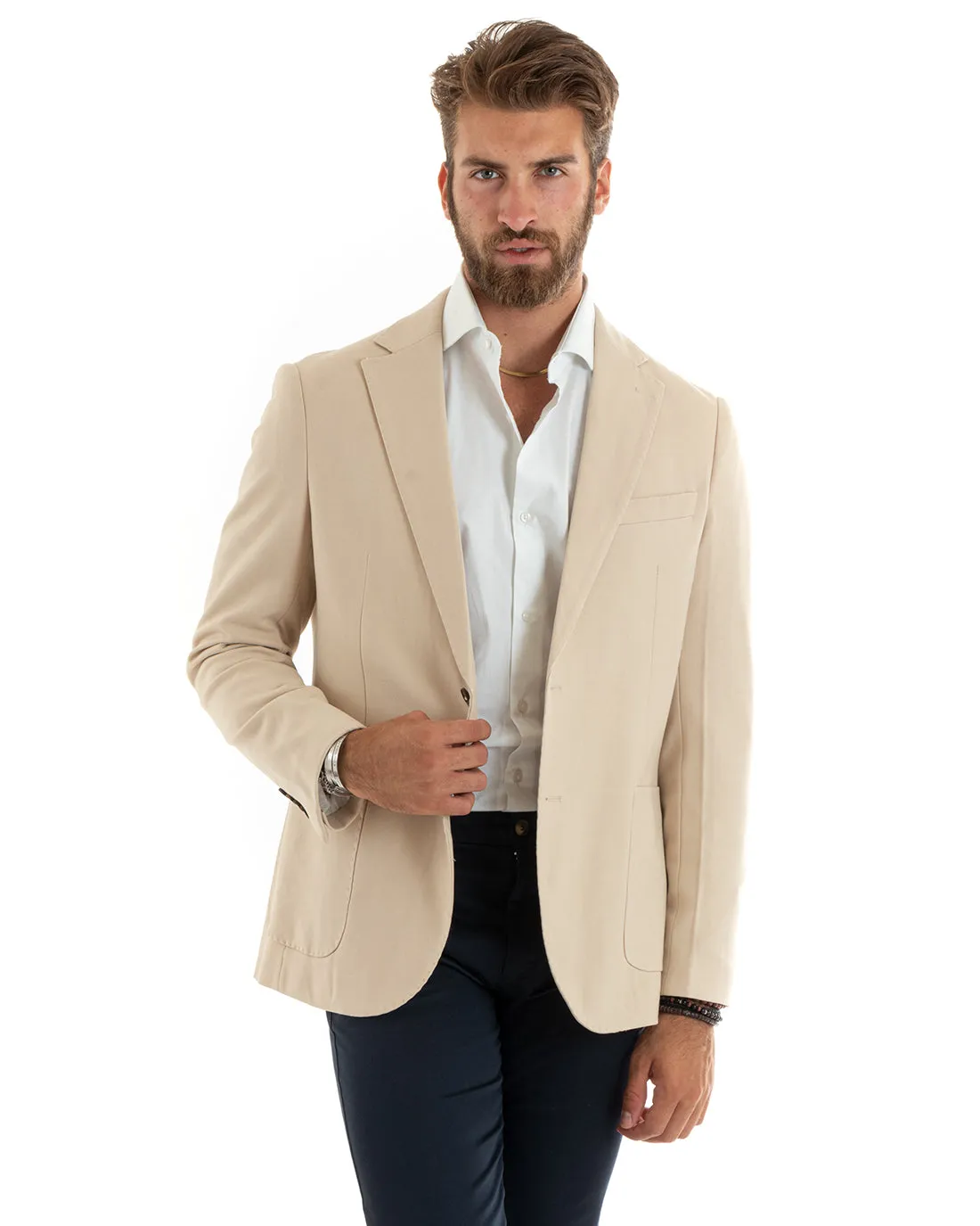 Giacca Uomo Blazer Basic Monopetto Rever Classico Impunturato Tinta Unita Beige Casual GIOSAL-G3086A