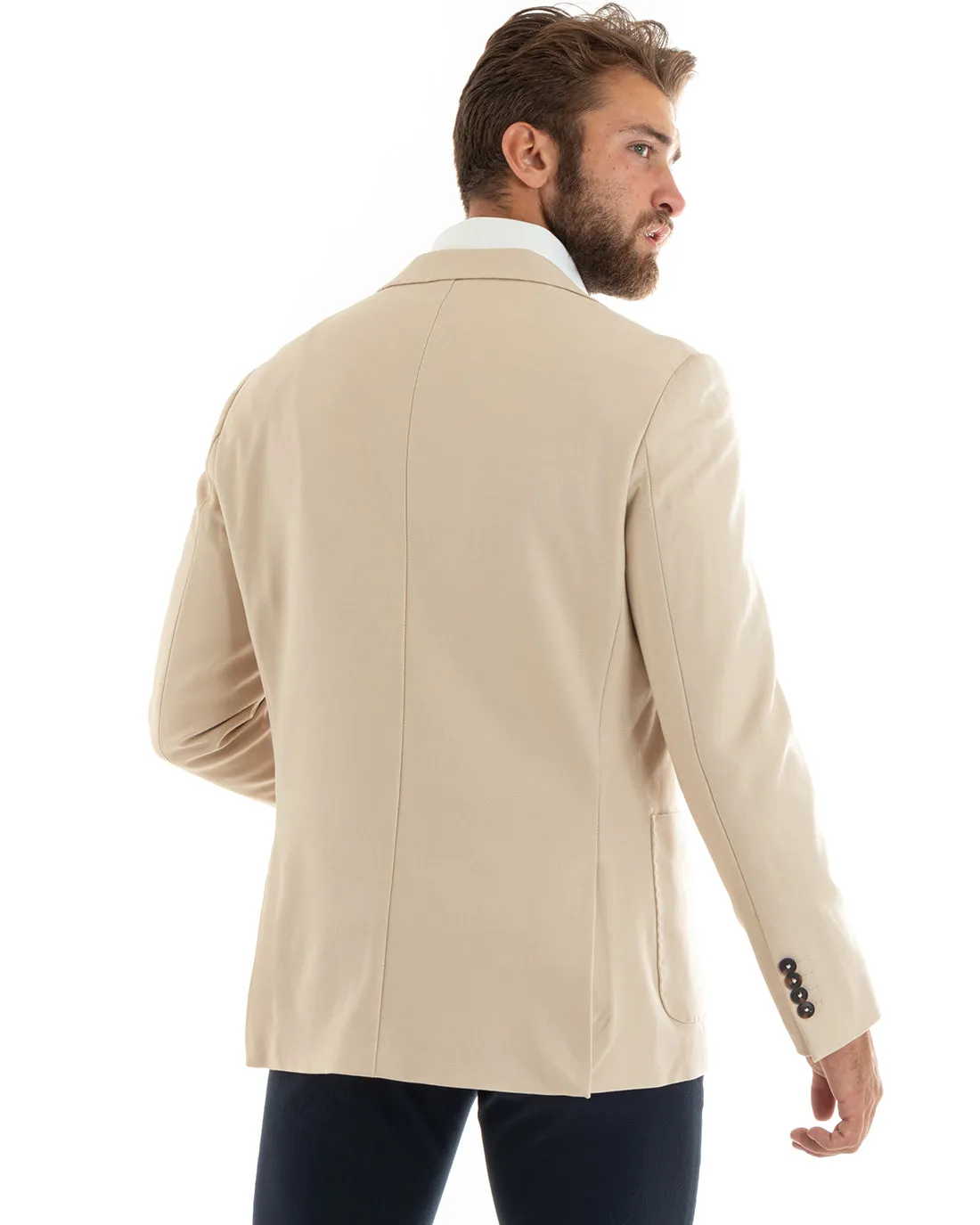 Giacca Uomo Blazer Basic Monopetto Rever Classico Impunturato Tinta Unita Beige Casual GIOSAL-G3086A