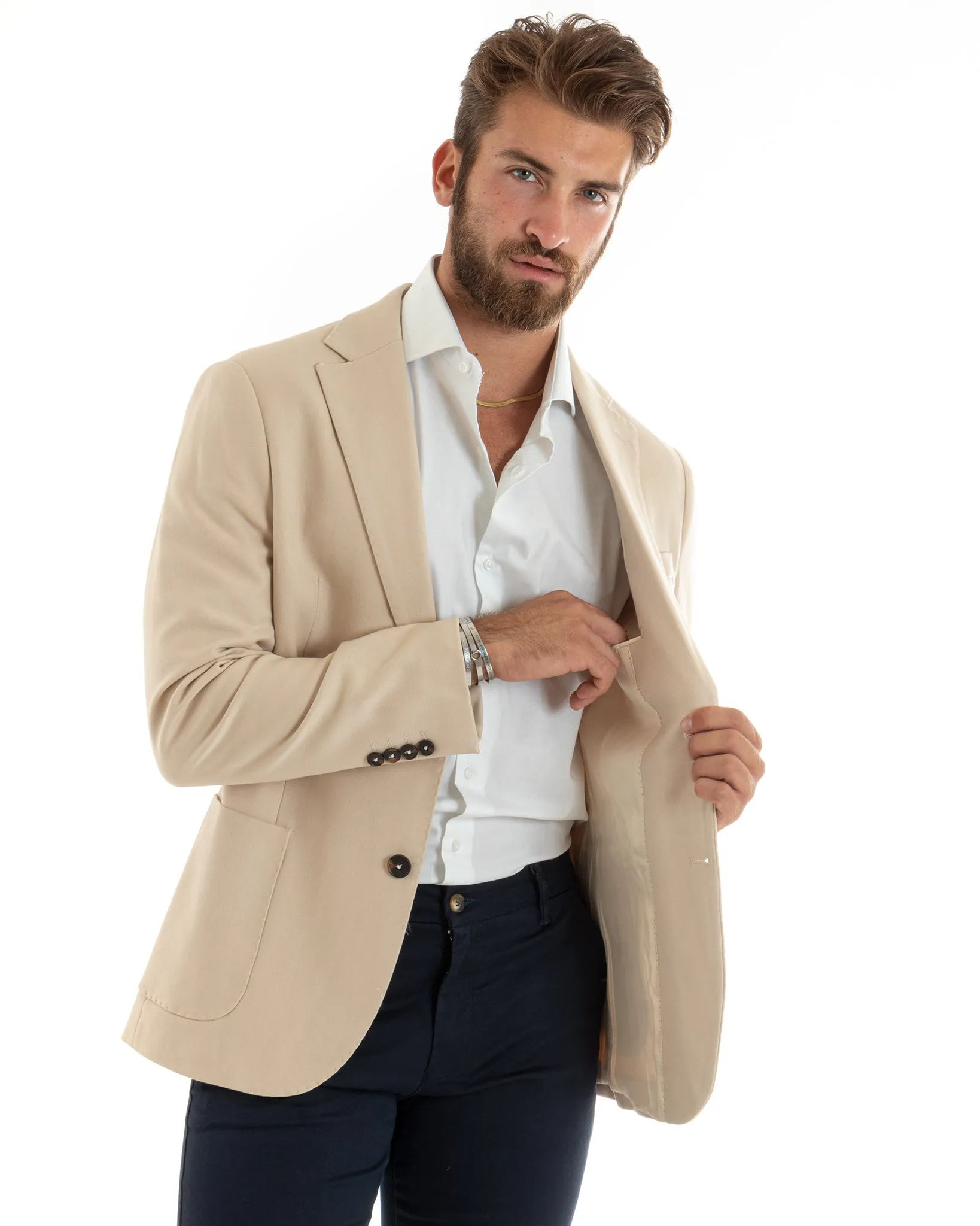 Giacca Uomo Blazer Basic Monopetto Rever Classico Impunturato Tinta Unita Beige Casual GIOSAL-G3086A