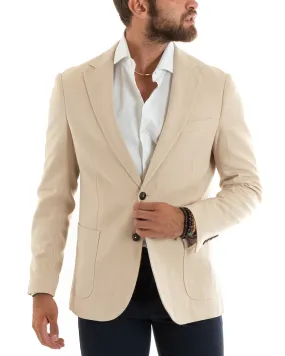 Giacca Uomo Blazer Basic Monopetto Rever Classico Impunturato Tinta Unita Beige Casual GIOSAL-G3086A