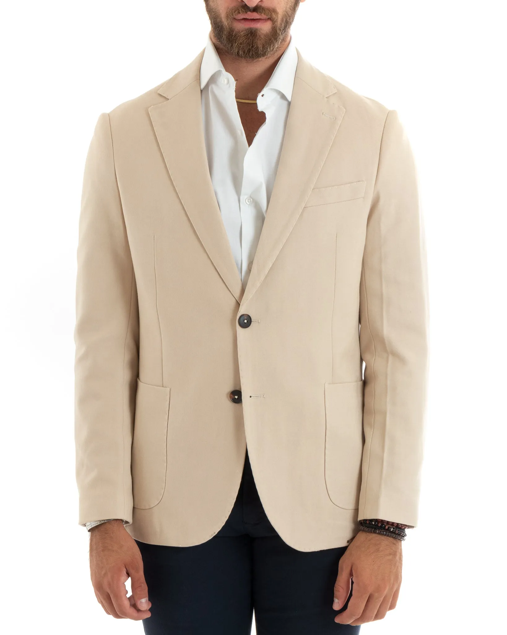 Giacca Uomo Blazer Basic Monopetto Rever Classico Impunturato Tinta Unita Beige Casual GIOSAL-G3086A