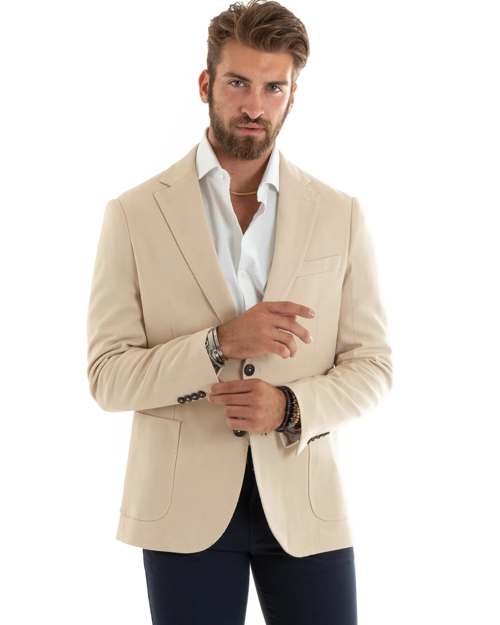 Giacca Uomo Blazer Basic Monopetto Rever Classico Impunturato Tinta Unita Beige Casual GIOSAL-G3086A