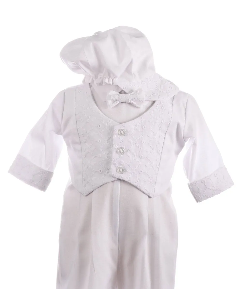 Infants Embroidered Christening Romper with Bow Tie - Grayson