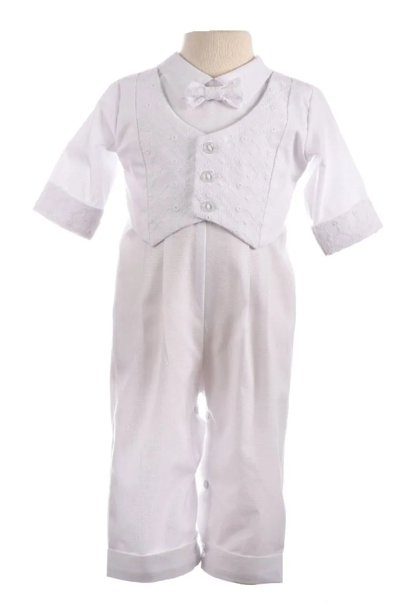 Infants Embroidered Christening Romper with Bow Tie - Grayson