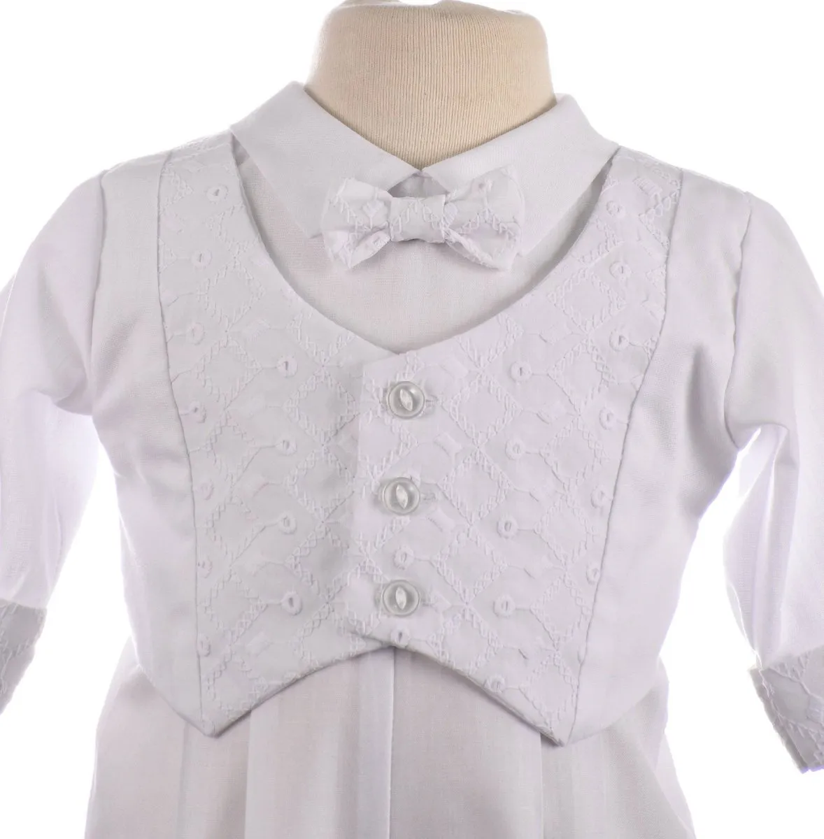 Infants Embroidered Christening Romper with Bow Tie - Grayson