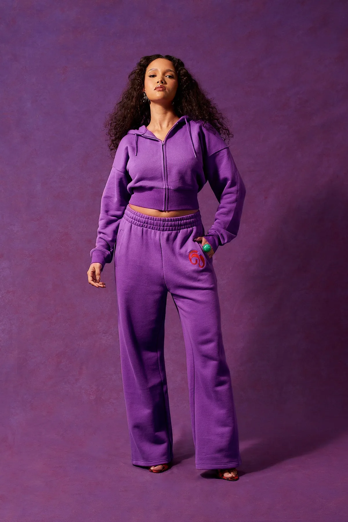 Kaia Logo Embroidered Cotton Wide Leg Sweatpants - Grape