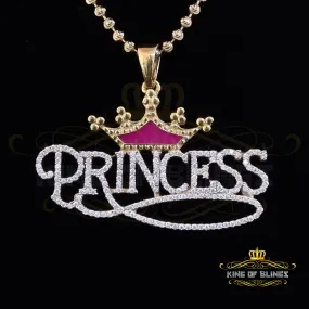 King Of Bling's 3ct Real Moissanite 925 Silver PRINCESS with Pink Enamel CROWN Yellow Pendant