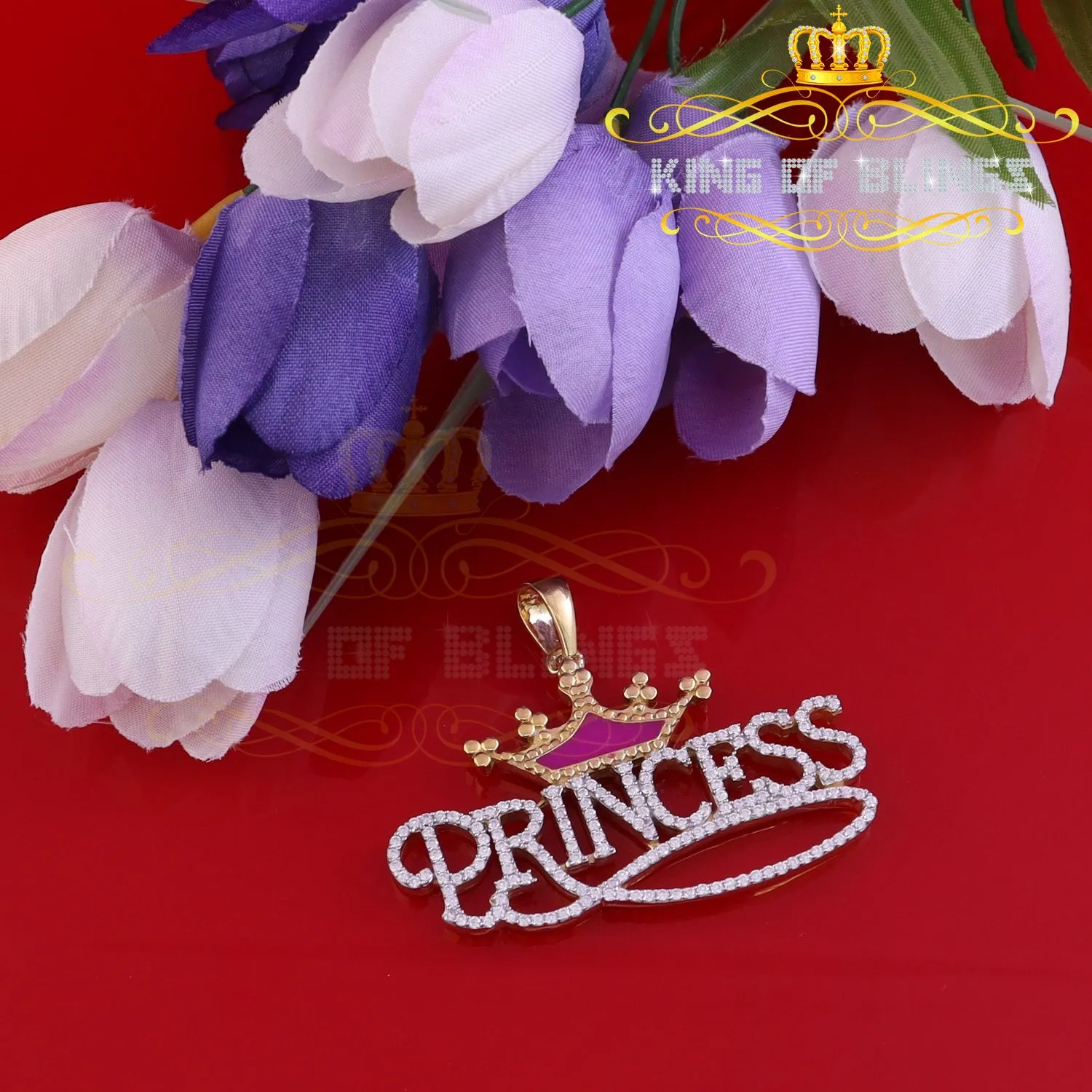 King Of Bling's 3ct Real Moissanite 925 Silver PRINCESS with Pink Enamel CROWN Yellow Pendant