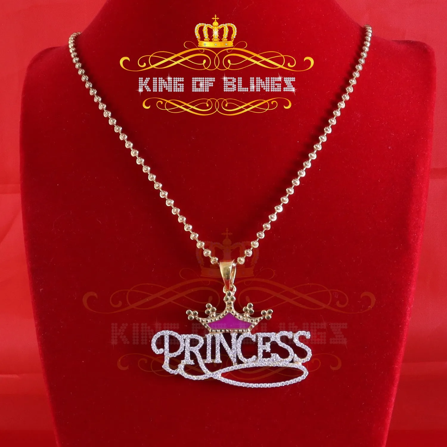 King Of Bling's 3ct Real Moissanite 925 Silver PRINCESS with Pink Enamel CROWN Yellow Pendant