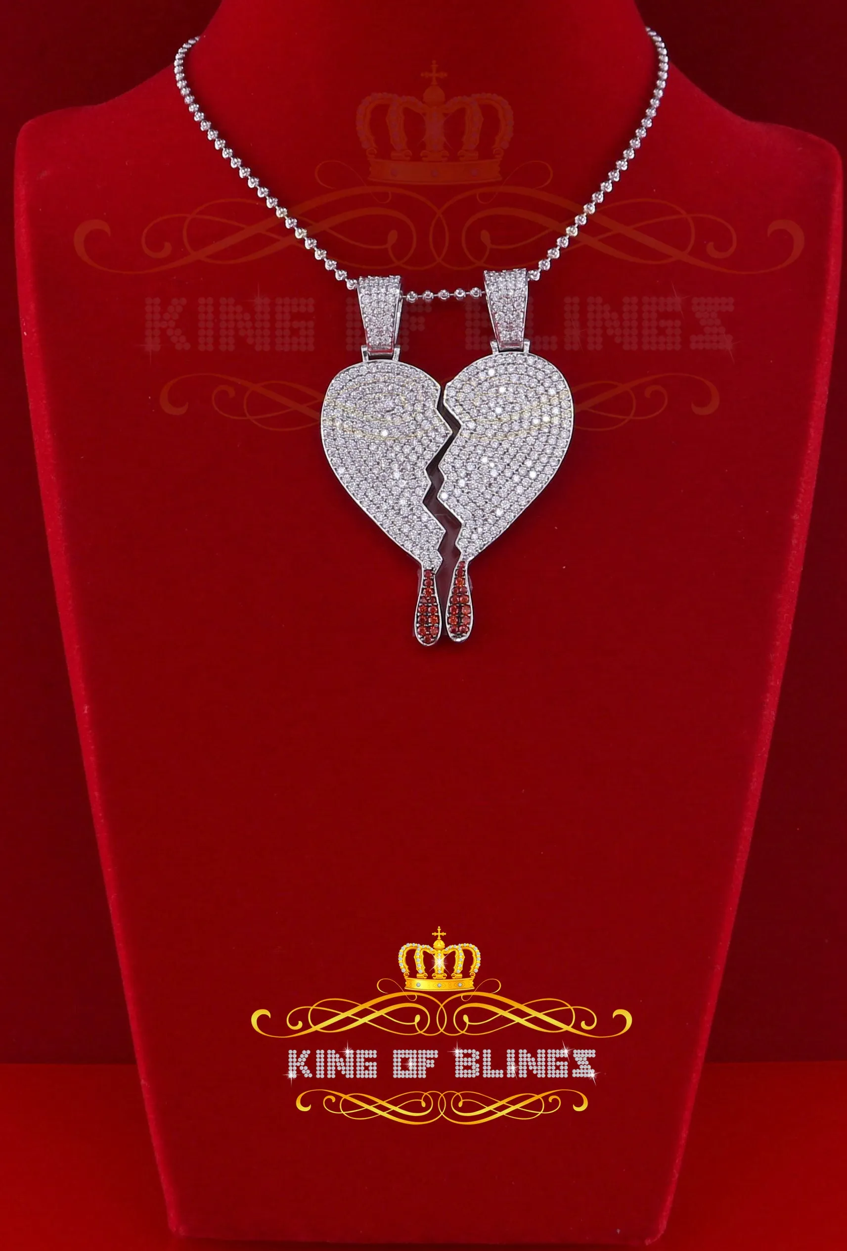 King Of Bling's White 925 Sterling Silver Broken Heart Shape Size Pendant 10.41ct Cubic Zirconia