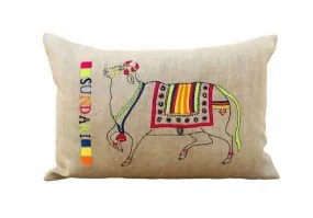 Linen pillow cover with embroidered Indian cow