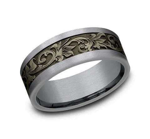 Men's Wedding Band, Grey Tantalum and Bronze Vintage Script Pattern