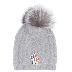 Moncler Grey Knit Fur Pom-pom Embellished Toque Hat