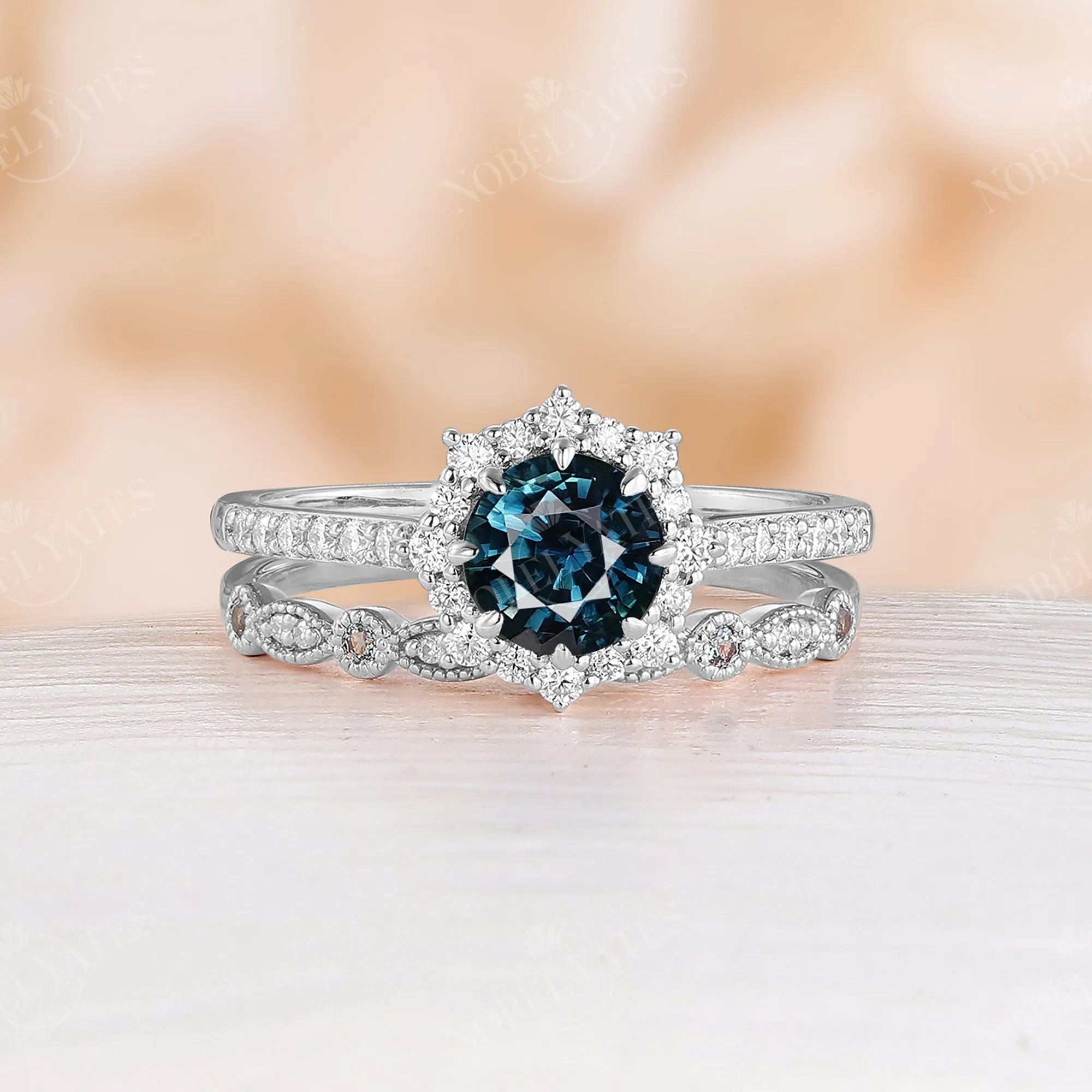 Natural Teal Sapphire Halo Engagement Ring Set Vintage Matching Band