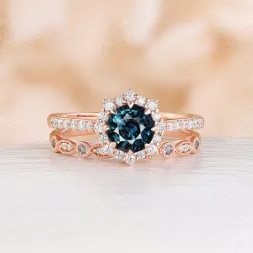 Natural Teal Sapphire Halo Engagement Ring Set Vintage Matching Band