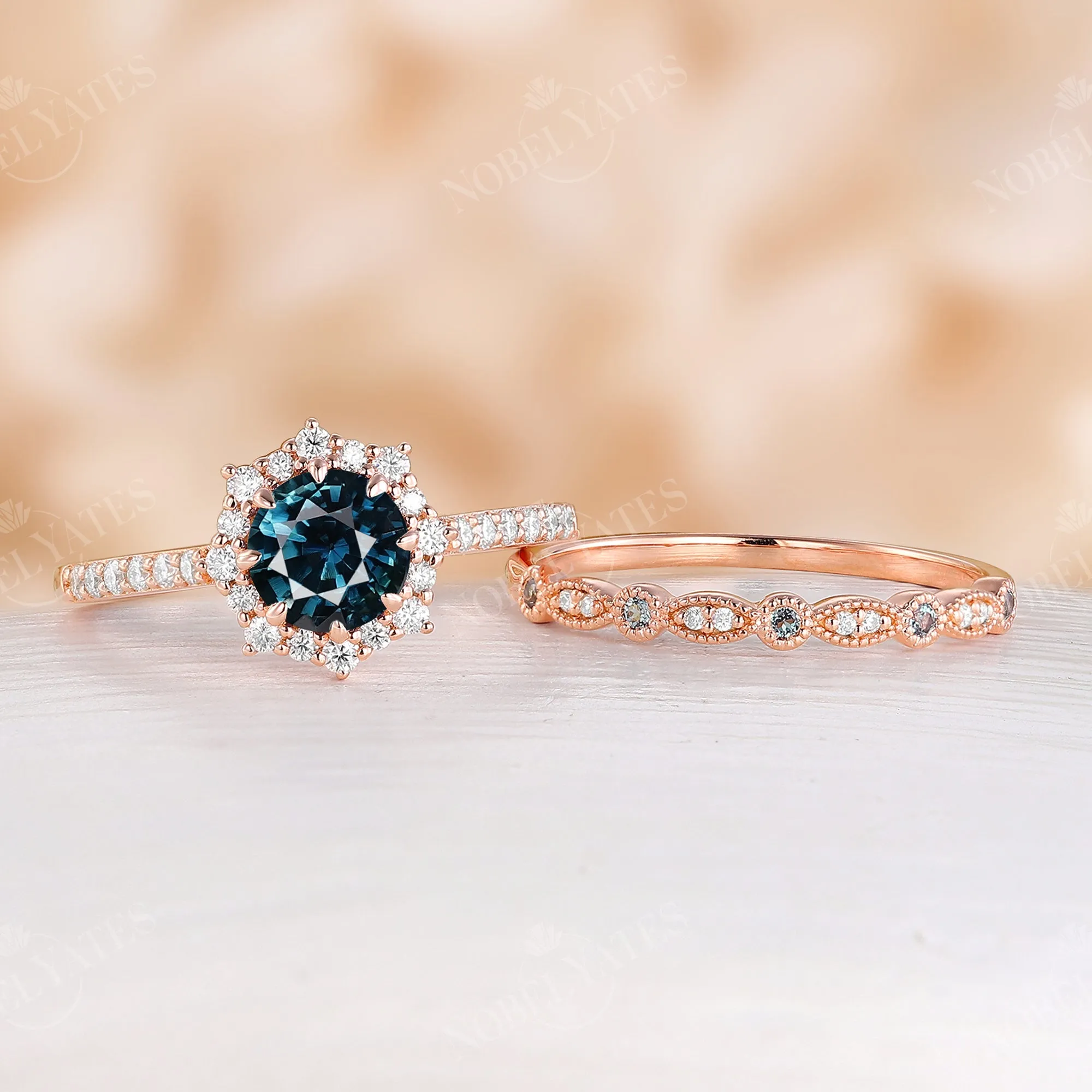 Natural Teal Sapphire Halo Engagement Ring Set Vintage Matching Band