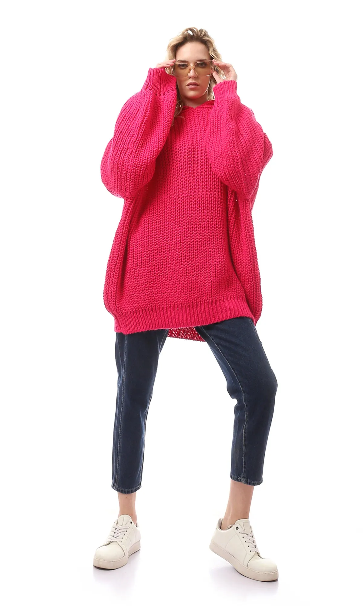 O168905 Knitted Long Pink Acrylic Pullover