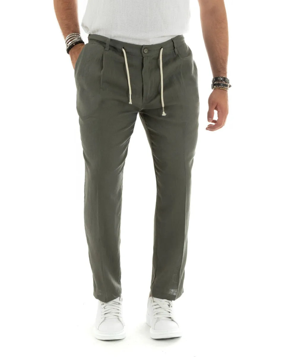 Pantaloni Uomo Lino Tasca America Basic Con Coulisse Elastico Sul Retro Casual Tinta Unita Verde GIOSAL-P5835A