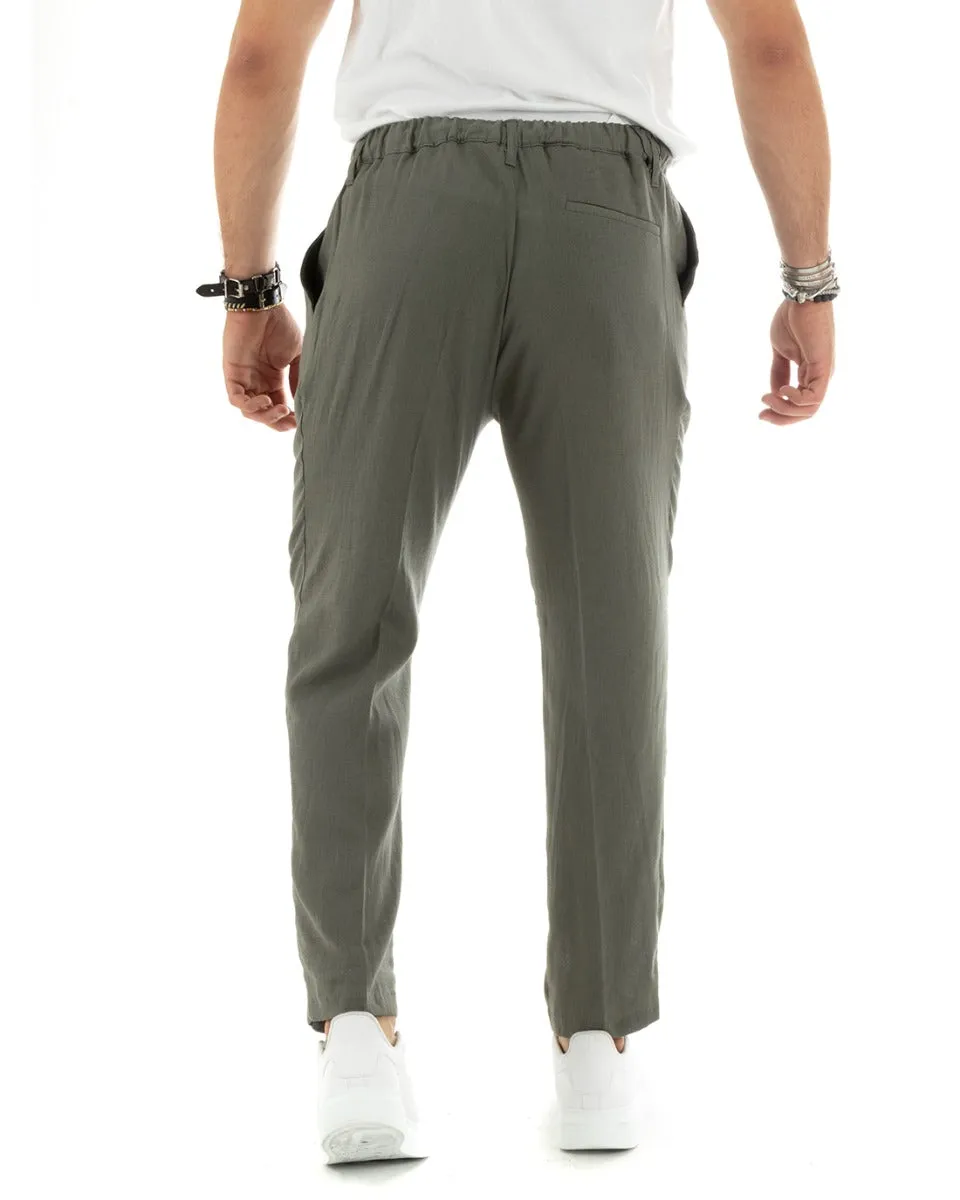 Pantaloni Uomo Lino Tasca America Basic Con Coulisse Elastico Sul Retro Casual Tinta Unita Verde GIOSAL-P5835A