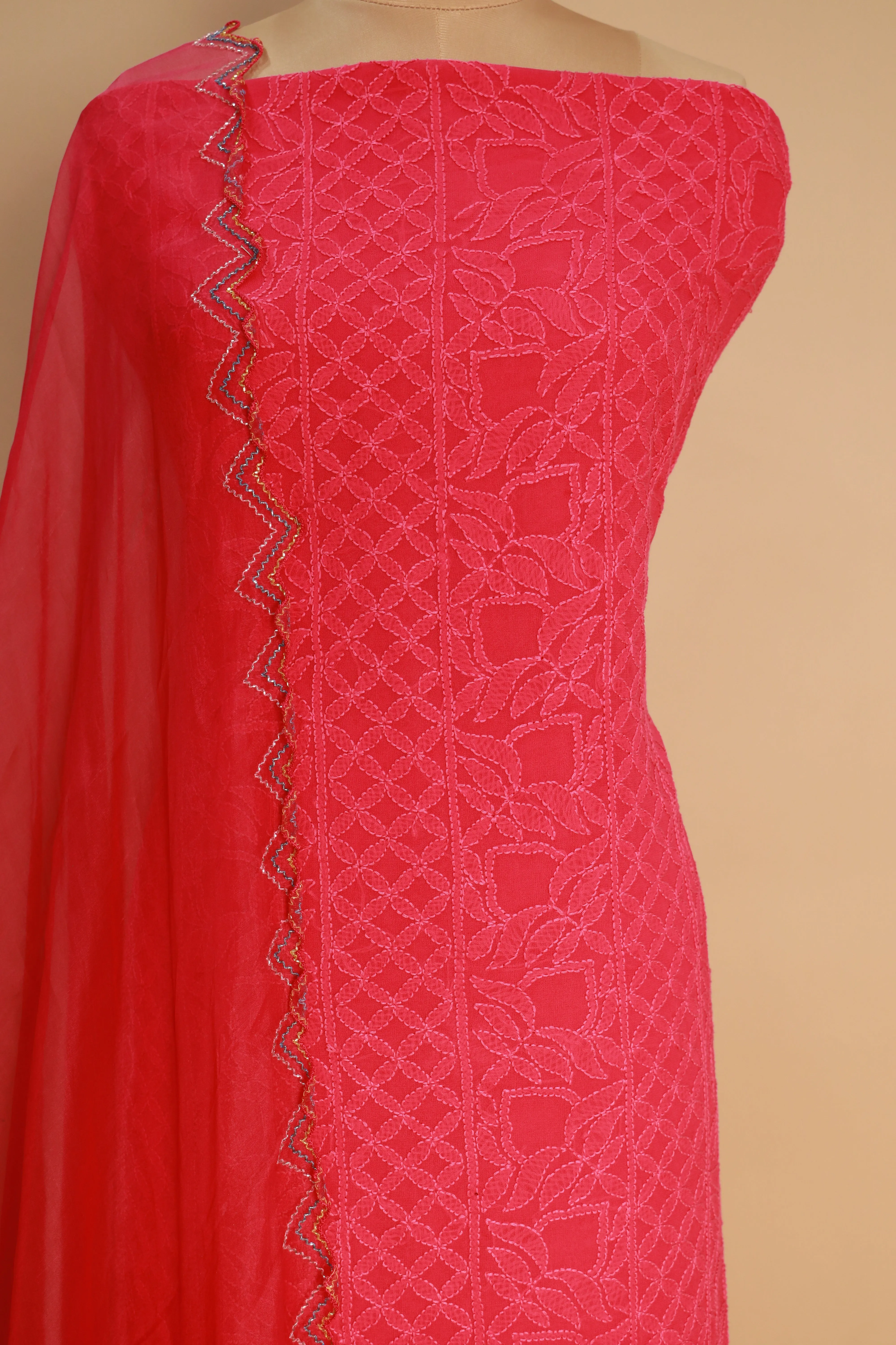 Pure Georgette Dark Pink Hand Embroidered Chikankari Suit Dupatta