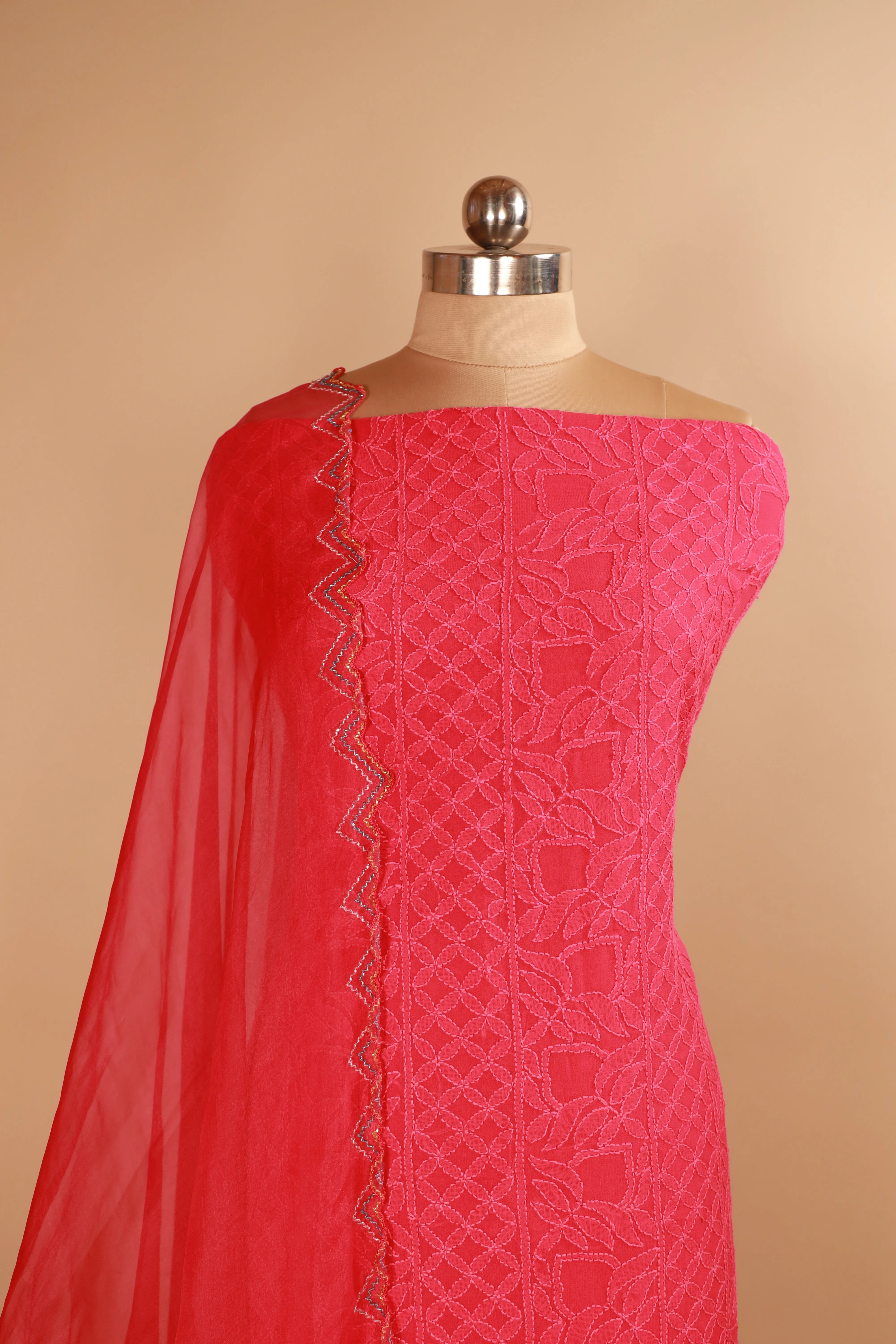 Pure Georgette Dark Pink Hand Embroidered Chikankari Suit Dupatta