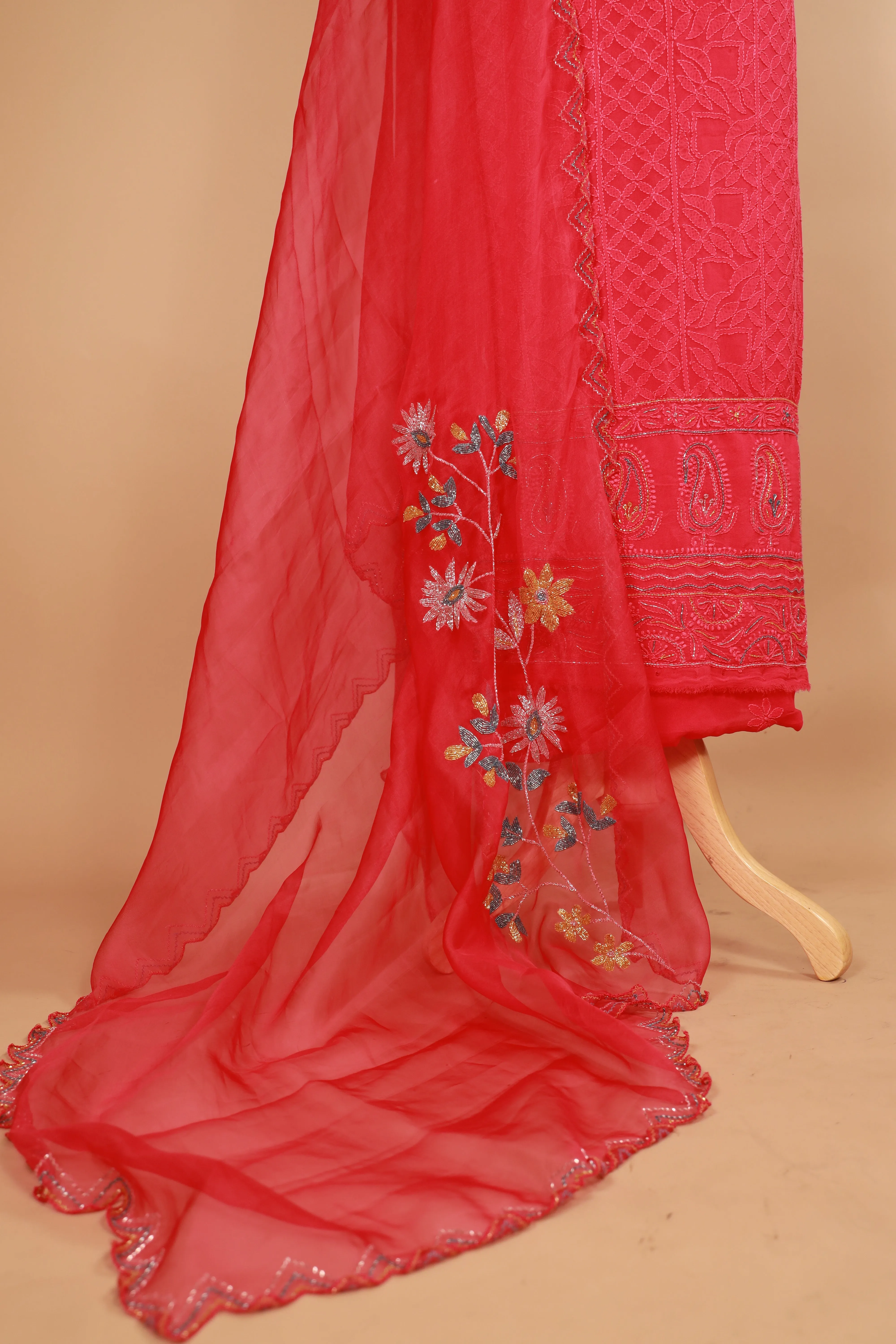 Pure Georgette Dark Pink Hand Embroidered Chikankari Suit Dupatta