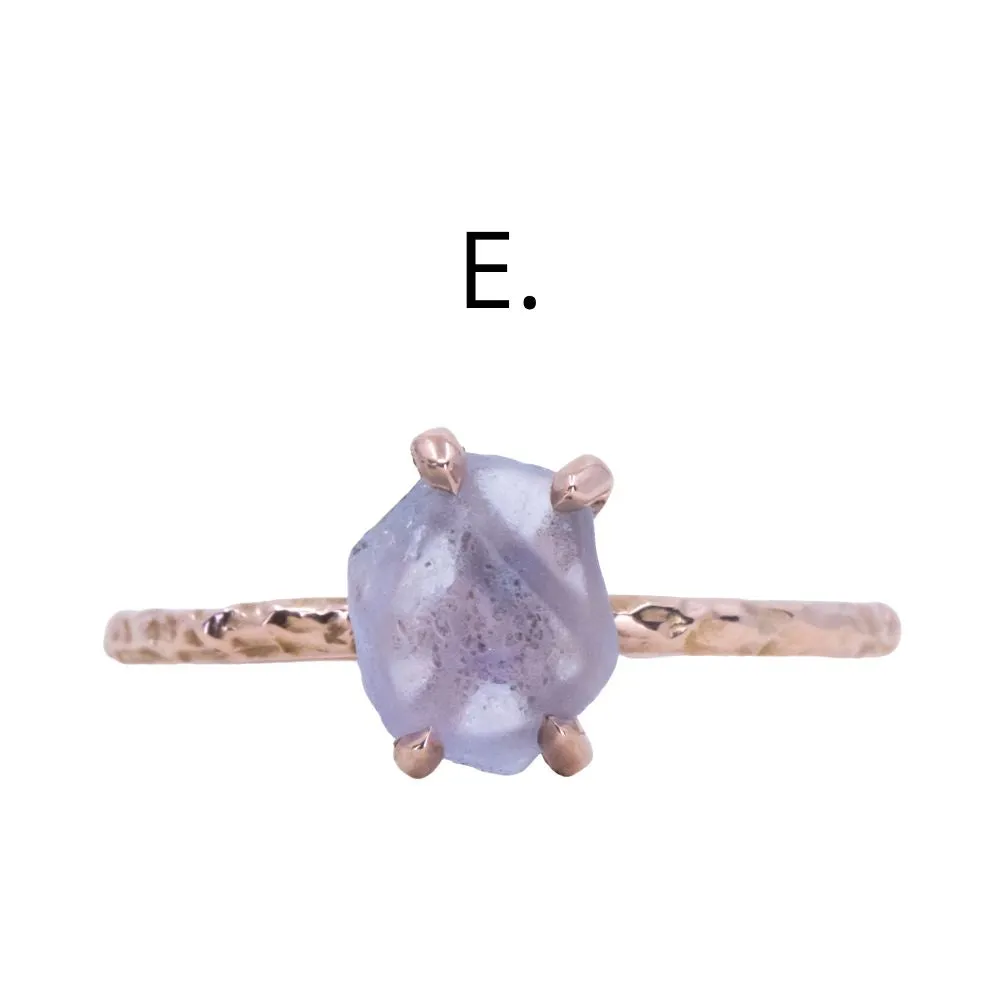 Rough Montana Sapphire Dainty Evergreen Prong Set Rings in 14k White, Yellow and Rose Gold