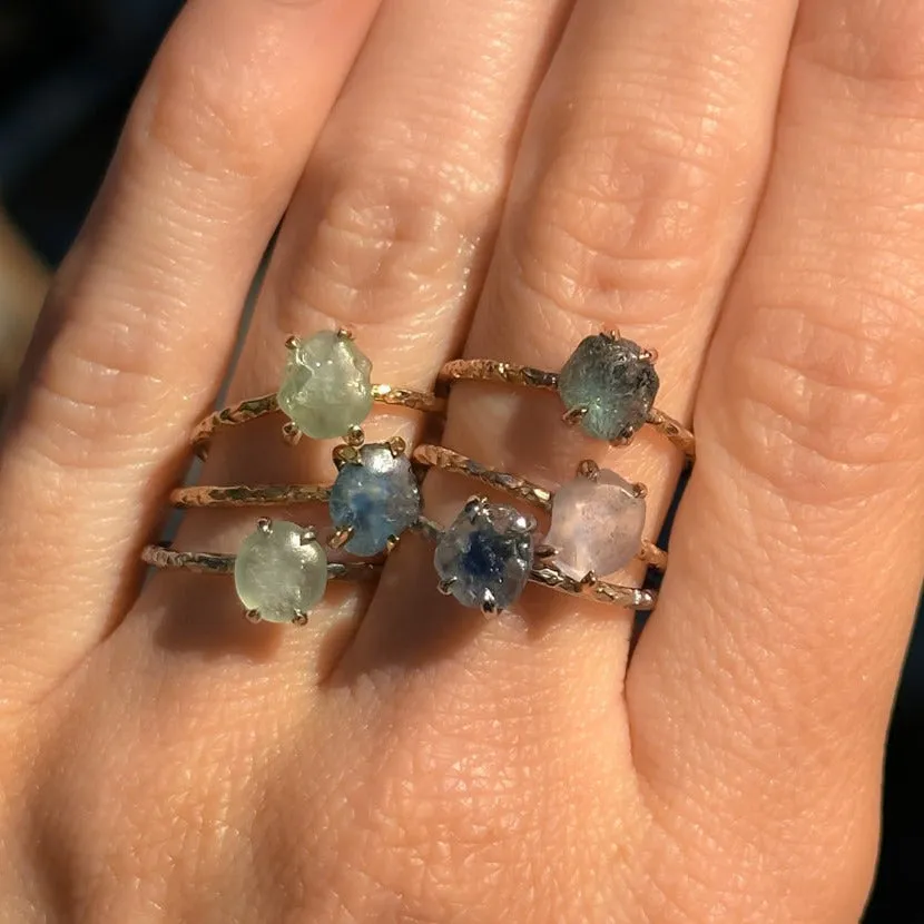 Rough Montana Sapphire Dainty Evergreen Prong Set Rings in 14k White, Yellow and Rose Gold