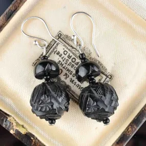 Silver Victorian Carved Whitby Jet Earrings