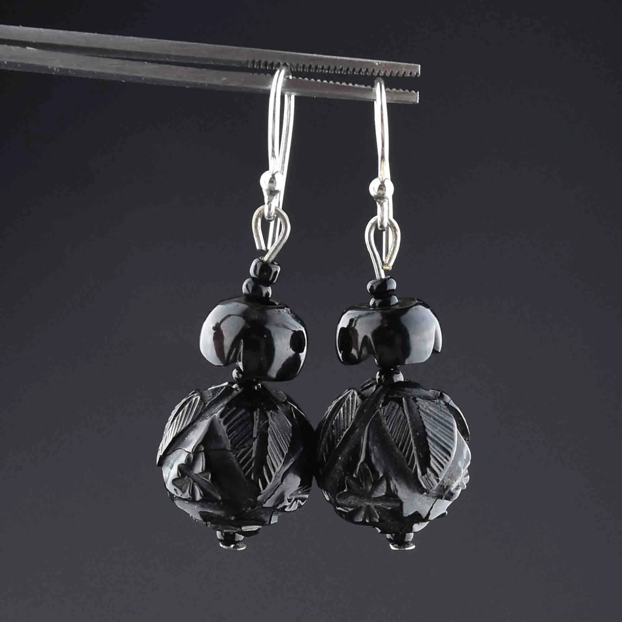 Silver Victorian Carved Whitby Jet Earrings