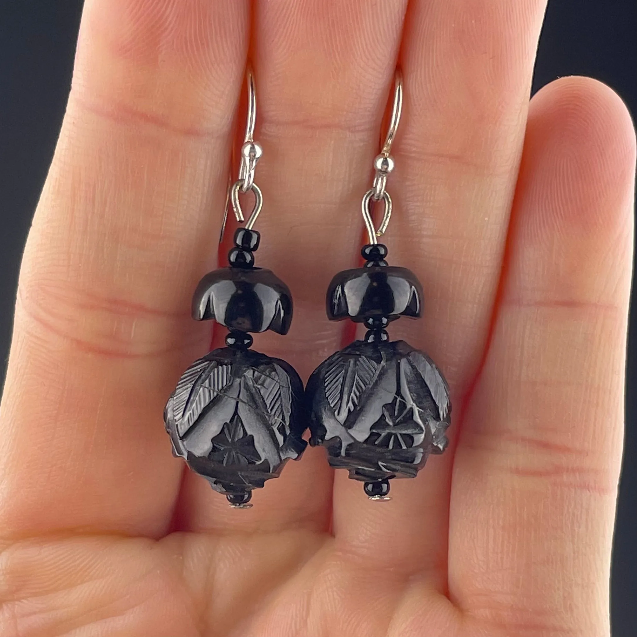 Silver Victorian Carved Whitby Jet Earrings