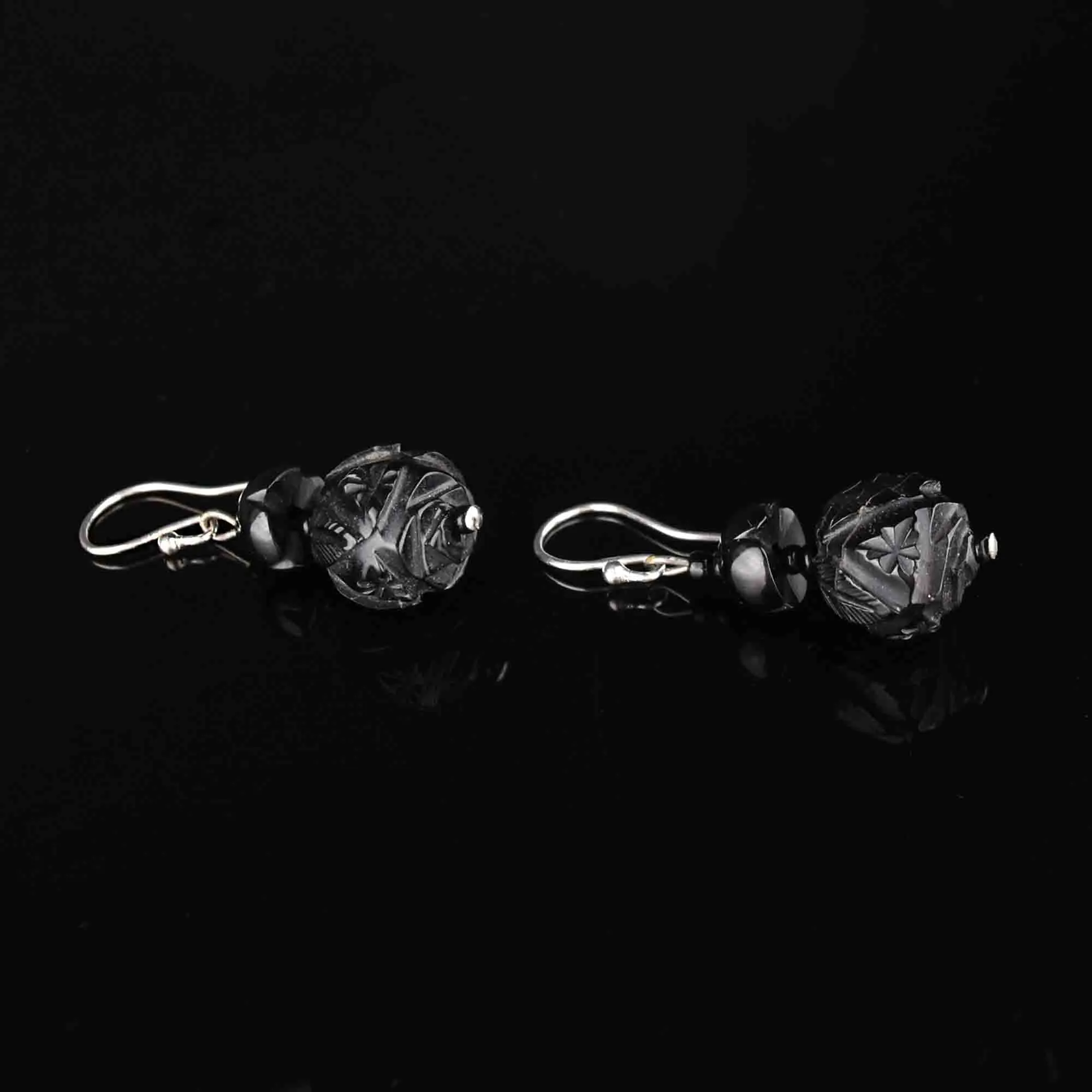 Silver Victorian Carved Whitby Jet Earrings