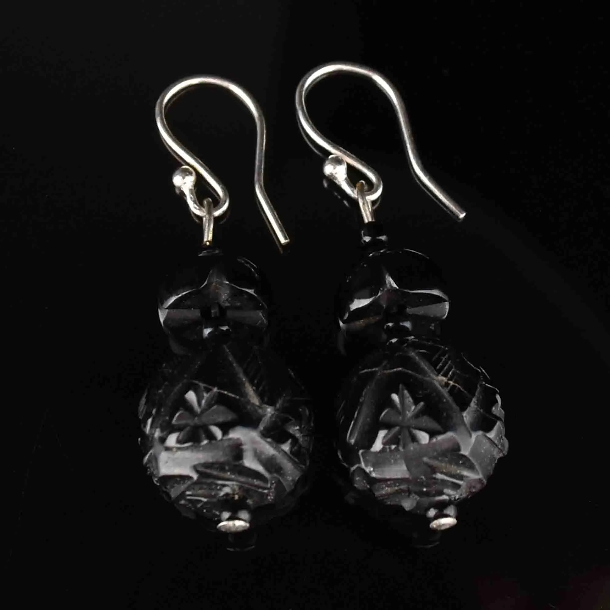 Silver Victorian Carved Whitby Jet Earrings