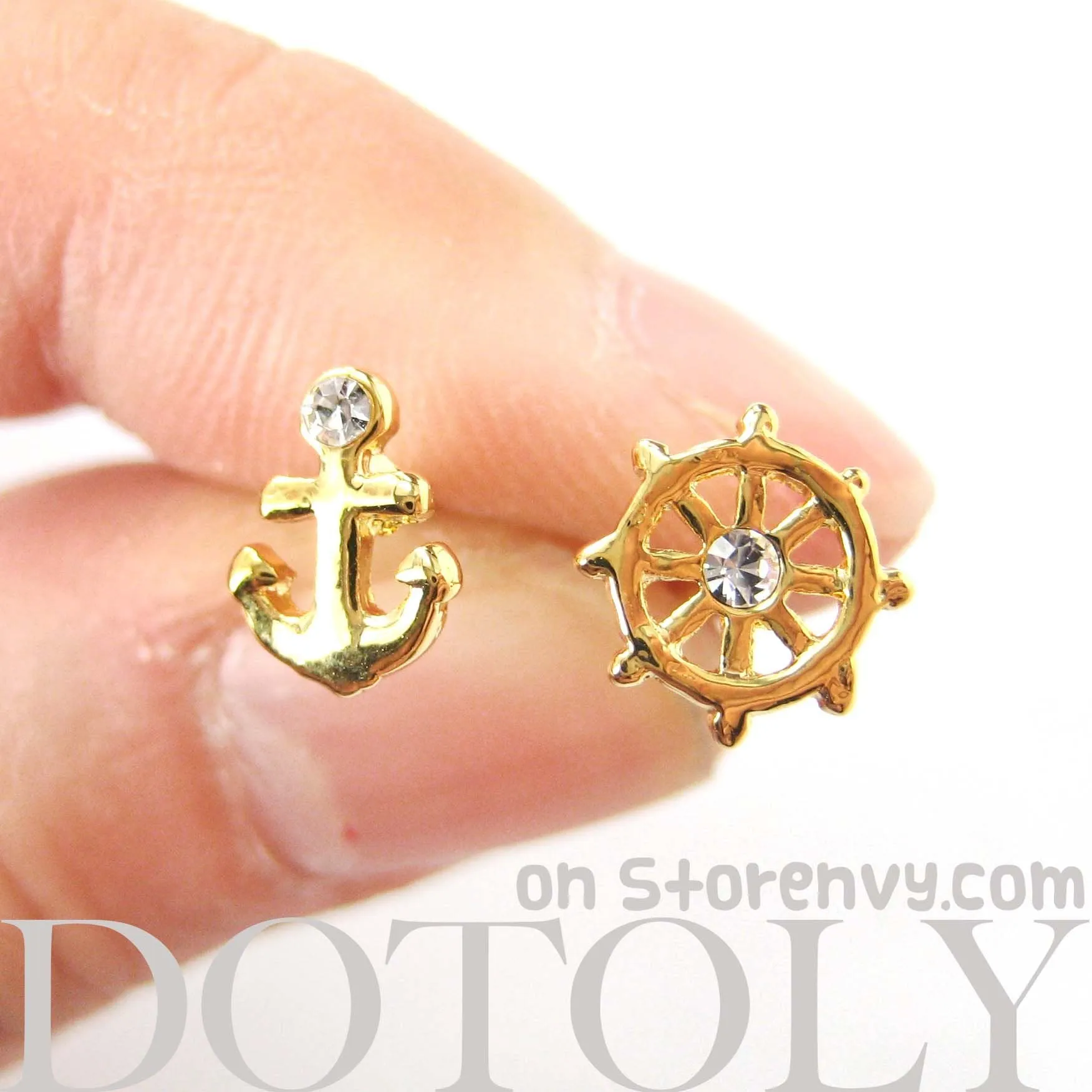 Small Anchor and Wheel Nautical Stud Earrings in Gold