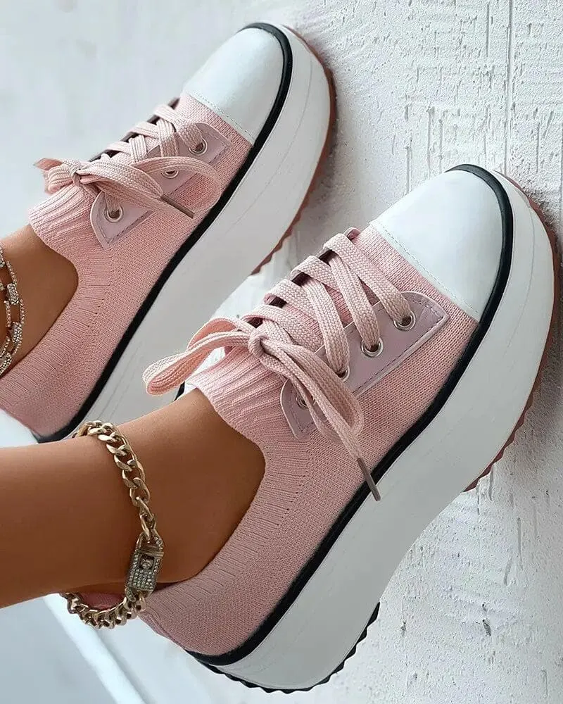 Solid Color Round Toe Platform Lace-up Sneakers