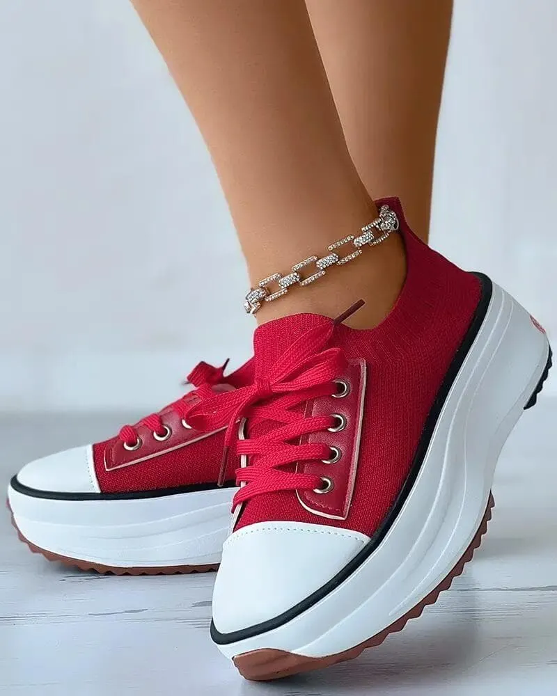 Solid Color Round Toe Platform Lace-up Sneakers