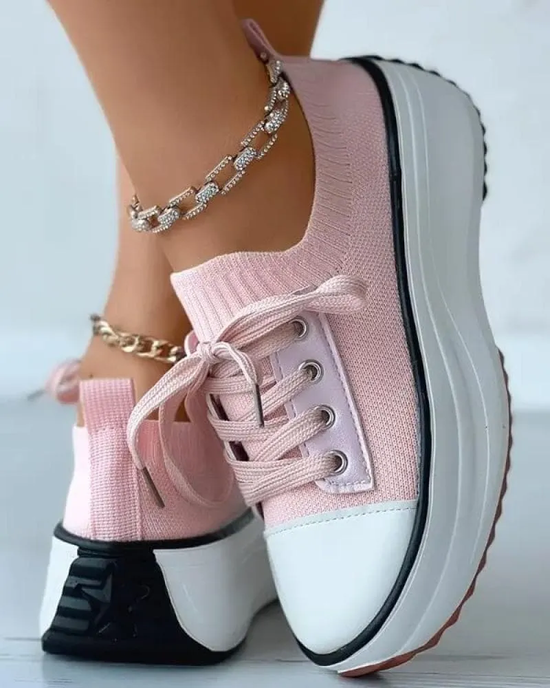 Solid Color Round Toe Platform Lace-up Sneakers