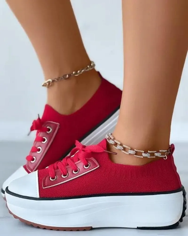 Solid Color Round Toe Platform Lace-up Sneakers