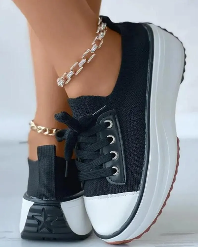 Solid Color Round Toe Platform Lace-up Sneakers