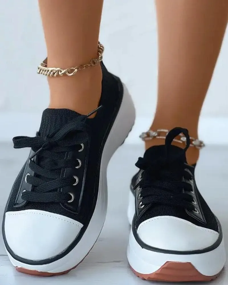 Solid Color Round Toe Platform Lace-up Sneakers